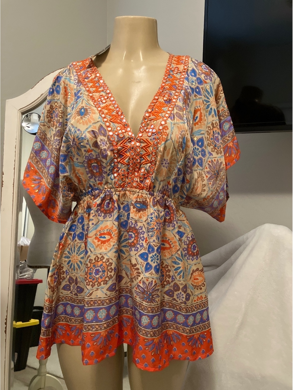 NWT Bohemian Style Blouse Printed with Embroidered V-Neck